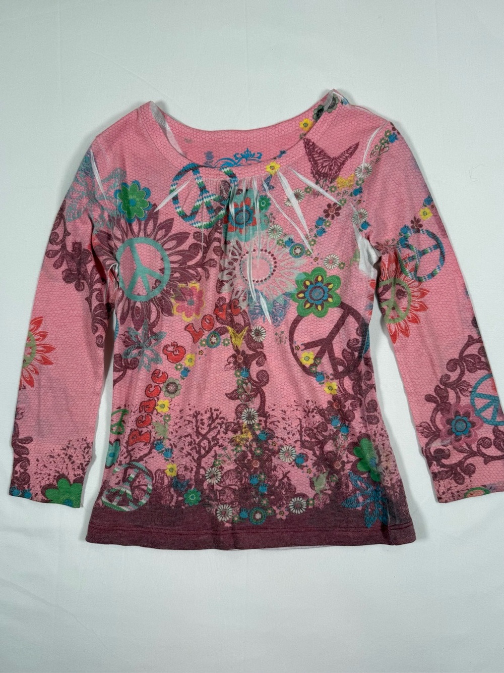 VINTAGE PLACE Girls Peace Love Long Sleeve Tee‎ S 5-6 Boho Hippie Butterfly Y2K